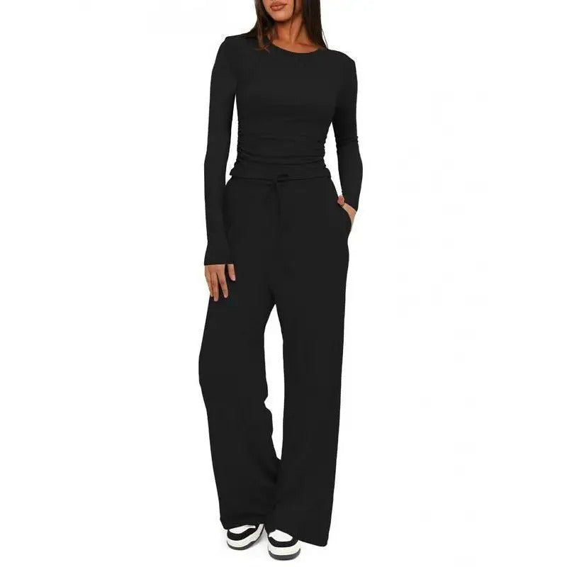 Women’s Soft-Touch Long Sleeve Lounge Set with Wide-Leg Trousers