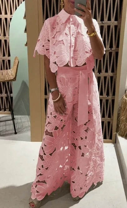 Women’s Embroidered Lace Two-Piece Blouse & Tie-Waist Trouser Set
