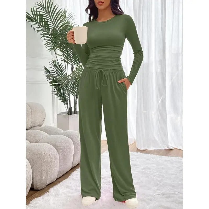 Women’s Soft-Touch Long Sleeve Lounge Set with Wide-Leg Trousers