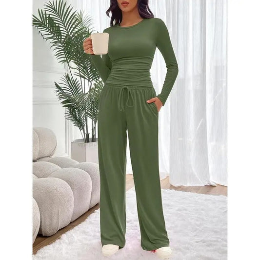 Women’s Soft-Touch Long Sleeve Lounge Set with Wide-Leg Trousers