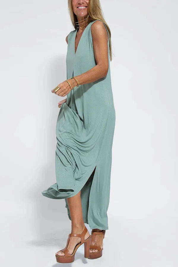 Women’s Flowy V Neck Sleeveless Maxi Beach Dress