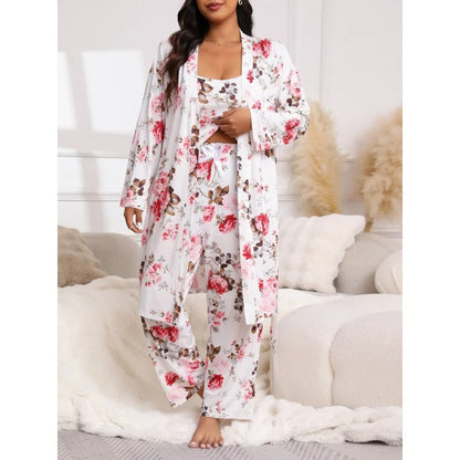 Women’s Milk-Silk 3-Piece Pyjama Set with Robe, Camisole and Long Trousers