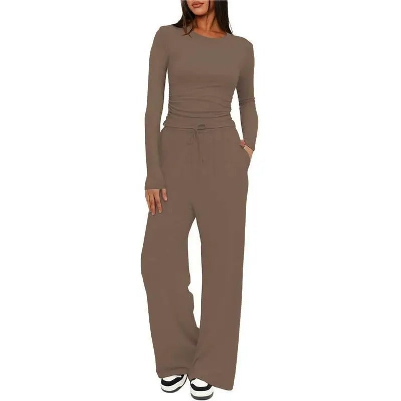Women’s Soft-Touch Long Sleeve Lounge Set with Wide-Leg Trousers