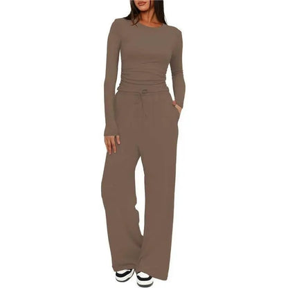 Women’s Soft-Touch Long Sleeve Lounge Set with Wide-Leg Trousers