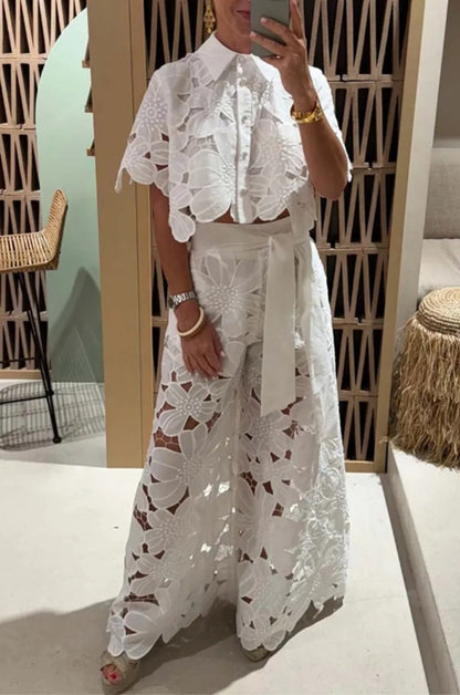 Women’s Embroidered Lace Two-Piece Blouse & Tie-Waist Trouser Set