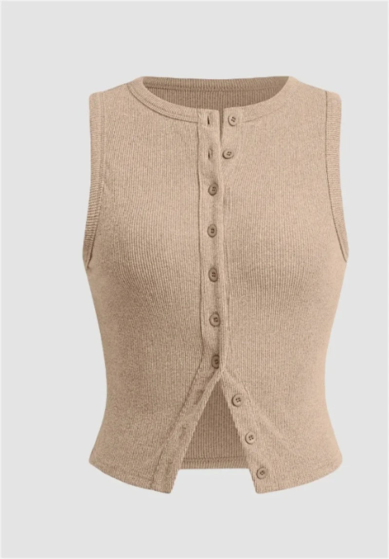 Women’s Ribbed Sleeveless Button-Front Crop Top