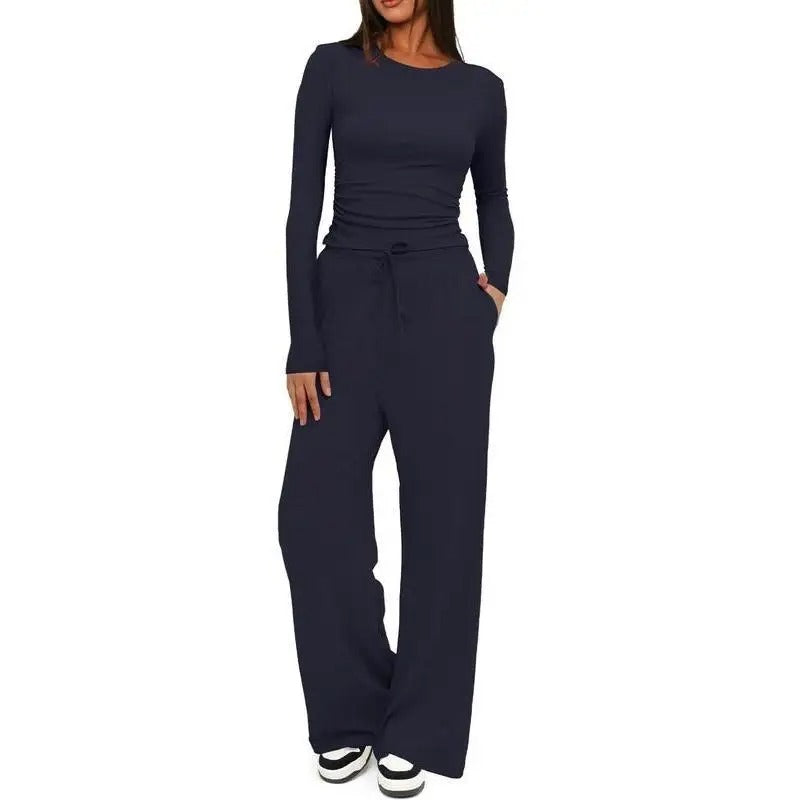 Women’s Soft-Touch Long Sleeve Lounge Set with Wide-Leg Trousers