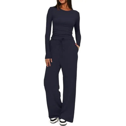 Women’s Soft-Touch Long Sleeve Lounge Set with Wide-Leg Trousers