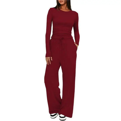 Women’s Soft-Touch Long Sleeve Lounge Set with Wide-Leg Trousers
