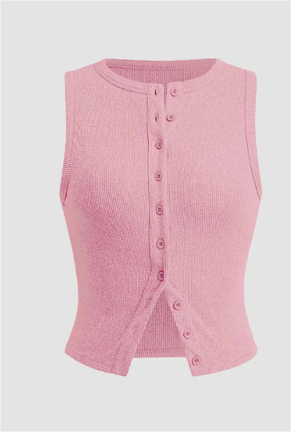 Women’s Ribbed Sleeveless Button-Front Crop Top