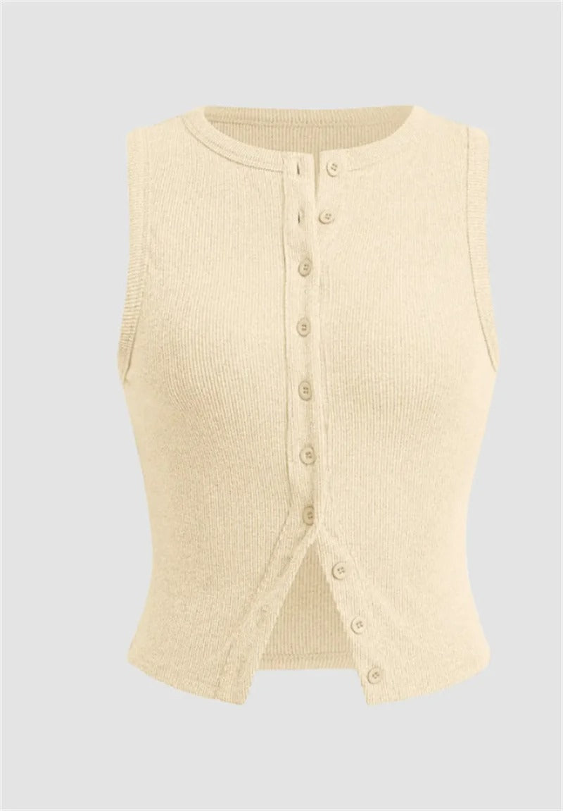 Women’s Ribbed Sleeveless Button-Front Crop Top