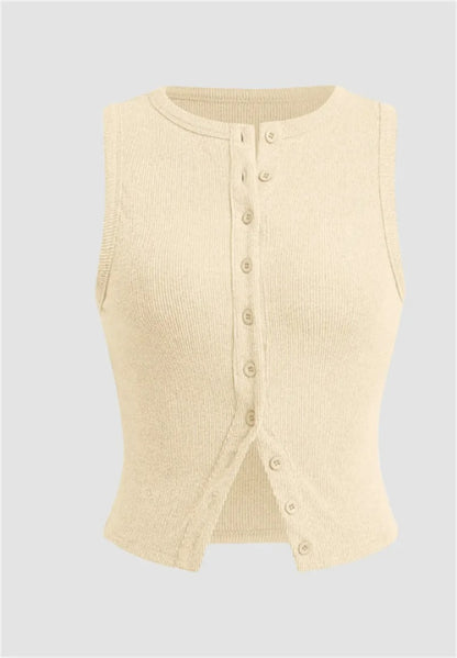Women’s Ribbed Sleeveless Button-Front Crop Top
