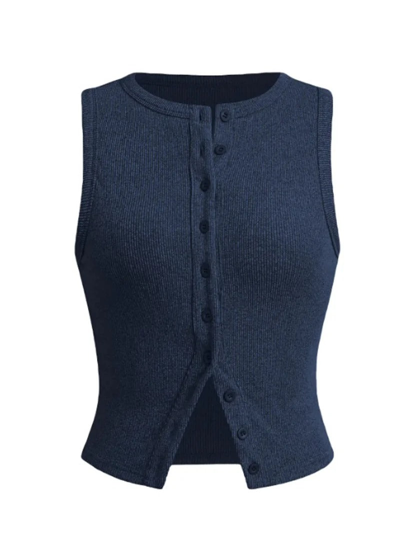 Women’s Ribbed Sleeveless Button-Front Crop Top