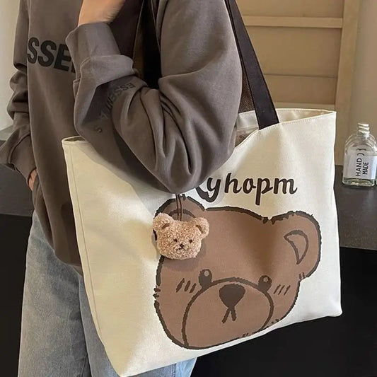 Canvas Tote Bag with Cartoon Design – Large Capacity, Zipper Closure, Versatile for School & Work