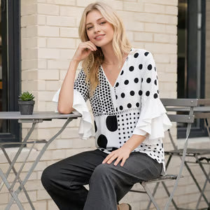 Women's Polka Dot Ruffle Sleeve Blouse