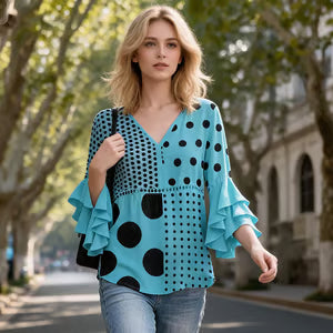 Women's Polka Dot Ruffle Sleeve Blouse