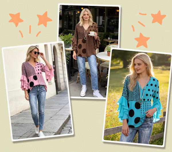 Women's Polka Dot Ruffle Sleeve Blouse