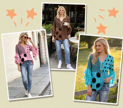 Women's Polka Dot Ruffle Sleeve Blouse