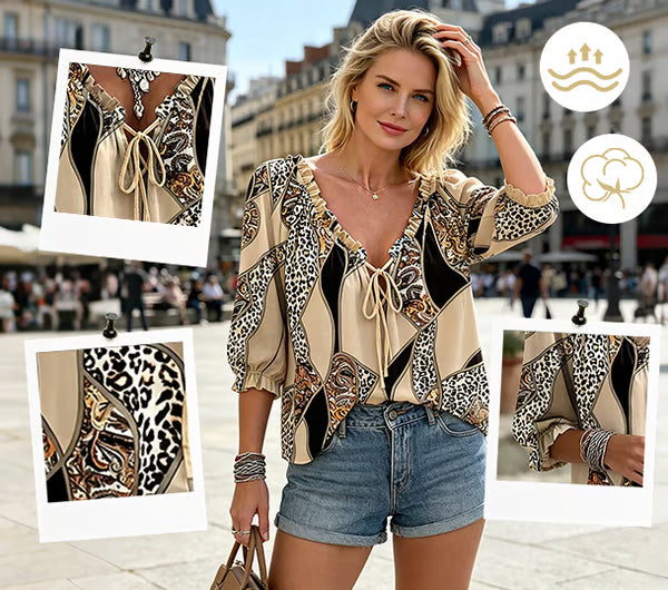 Women's Leopard Lace Up Puff Sleeve Blouse