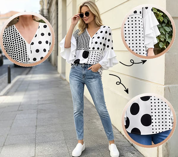 Women's Polka Dot Ruffle Sleeve Blouse