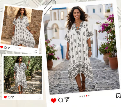 Women’s Boho Print V-Neck Midi Dress