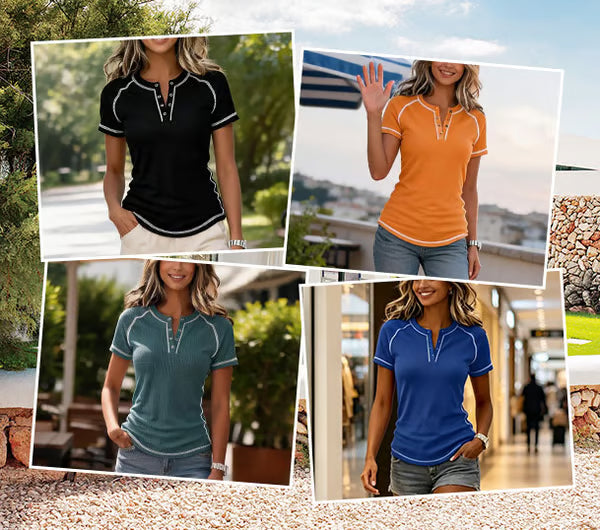 Women's Textured V Neck Short Sleeve Top