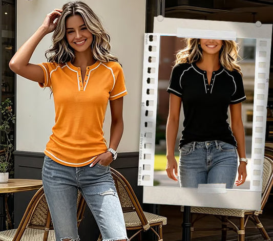 Women's Textured V Neck Short Sleeve Top