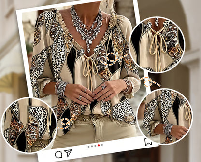 Women's Leopard Lace Up Puff Sleeve Blouse