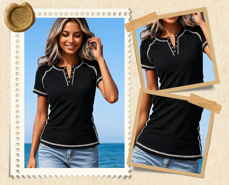 Women's Textured V Neck Short Sleeve Top
