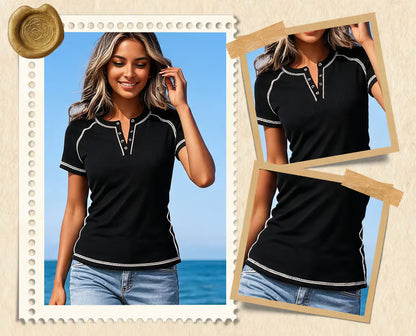 Women's Textured V Neck Short Sleeve Top