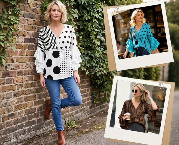 Women's Polka Dot Ruffle Sleeve Blouse