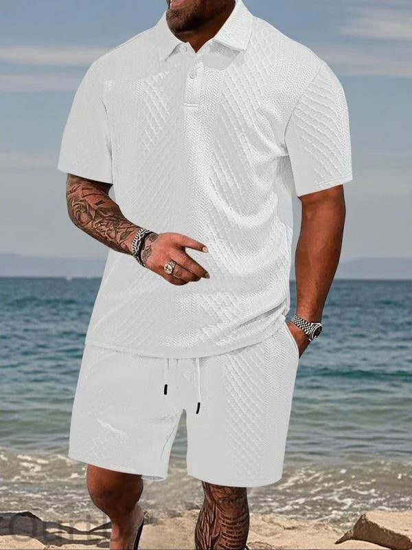 Men’s Textured Polo Shirt & Drawstring Shorts Set