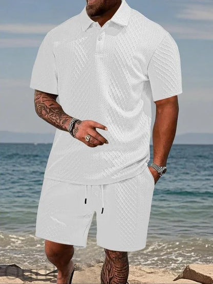 Men’s Textured Polo Shirt & Drawstring Shorts Set