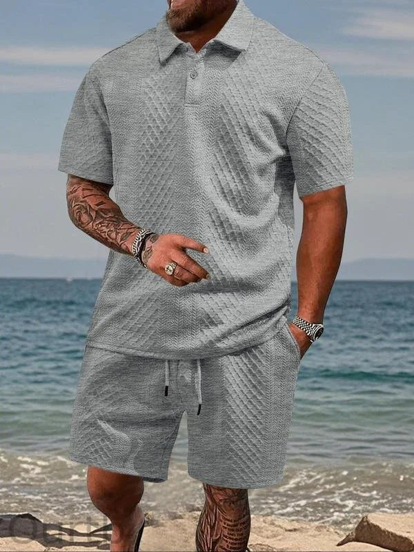 Men’s Textured Polo Shirt & Drawstring Shorts Set