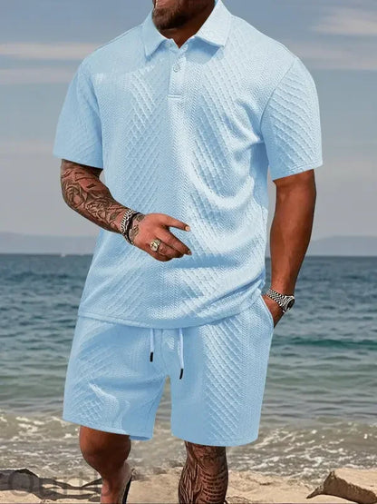 Men’s Textured Polo Shirt & Drawstring Shorts Set
