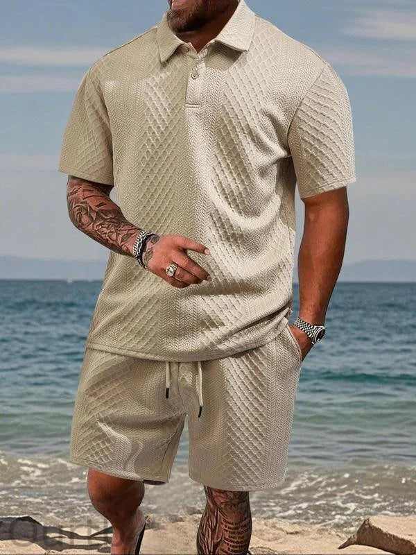 Men’s Textured Polo Shirt & Drawstring Shorts Set