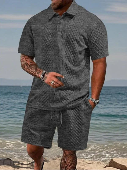 Men’s Textured Polo Shirt & Drawstring Shorts Set