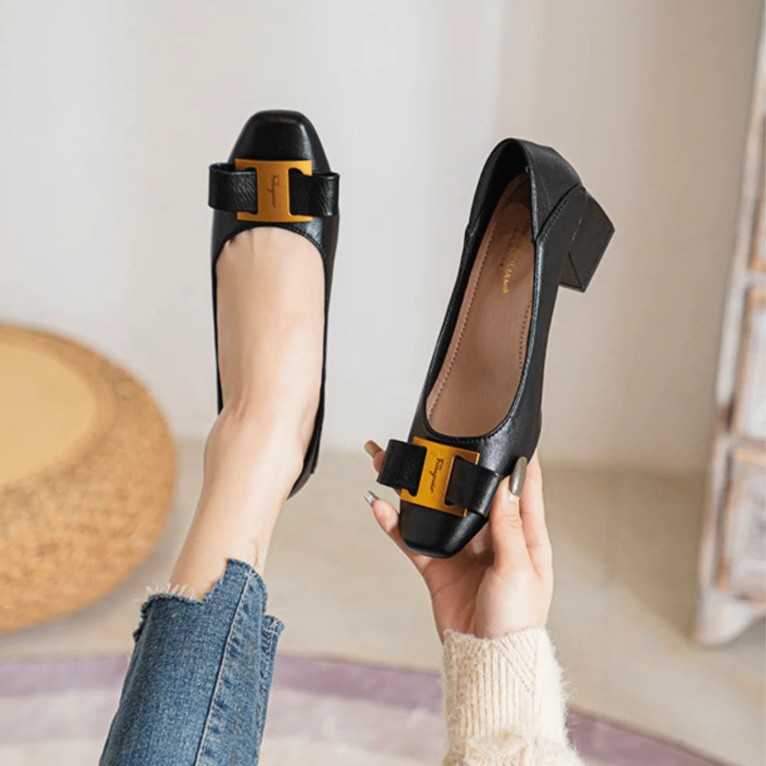 Women's Gold Accent Square Toe Heels