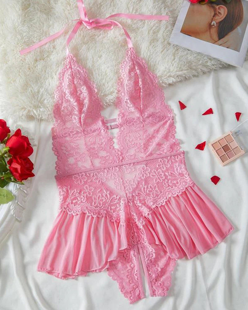 Women’s Floral Lace Halterneck Teddy Bodysuit