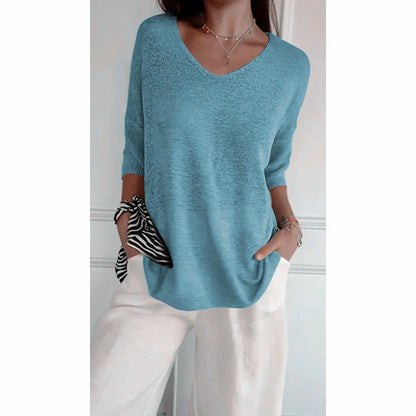Solid Color Knitted V-neck Top