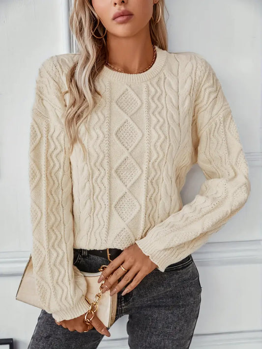 Cable Knit Crew Neck Sweater - Women's Long Sleeve Fall/Winter Top