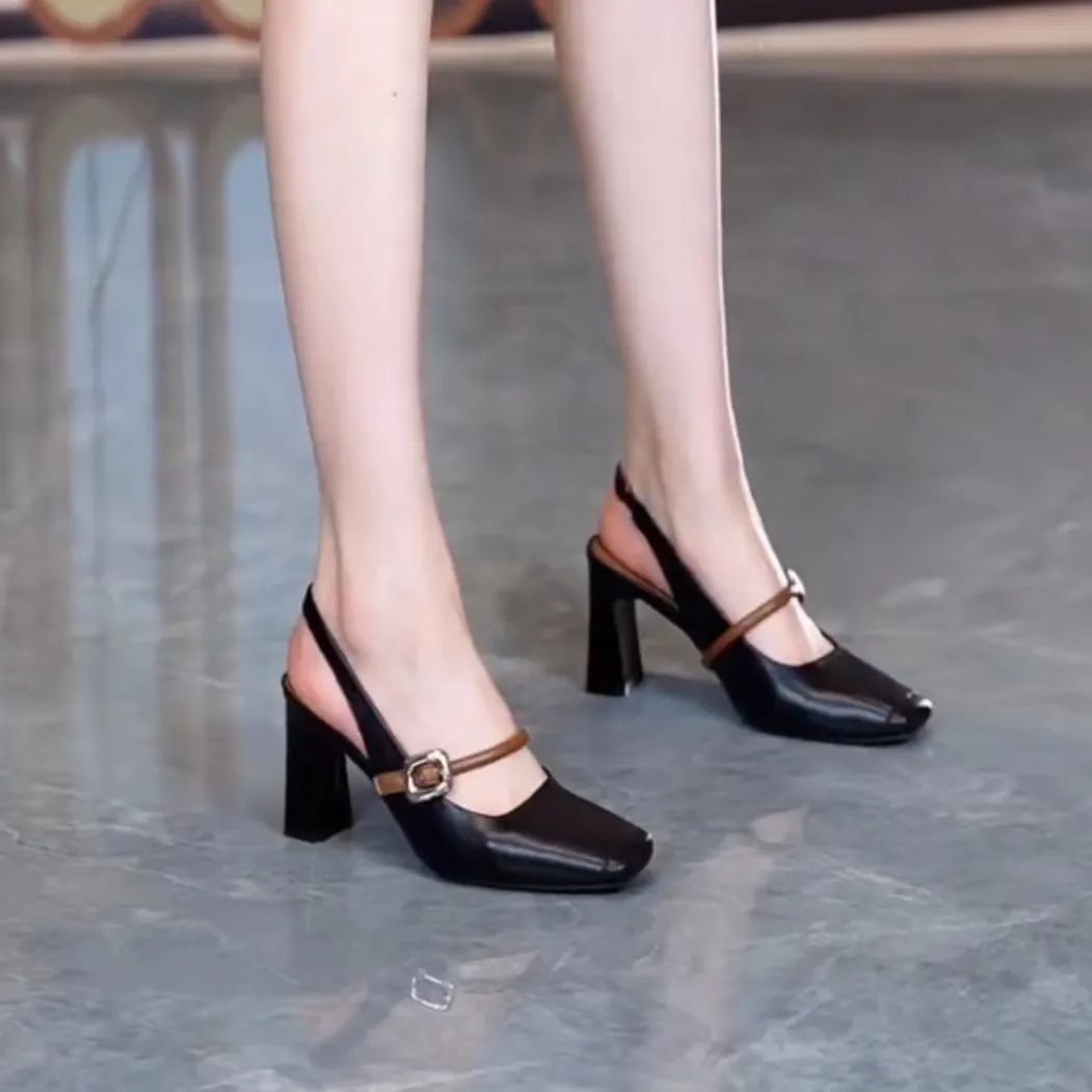 Modern Square-Toe Buckle Heels – Sleek Strap Design for Effortless Style