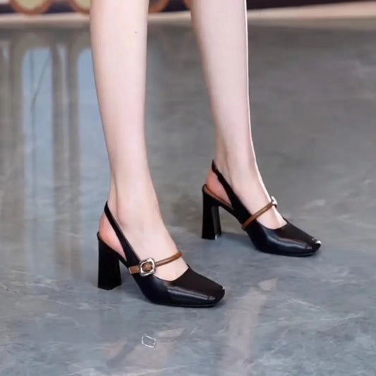 Modern Square-Toe Buckle Heels – Sleek Strap Design for Effortless Style