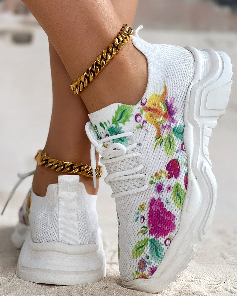 Floral Print Lace-up Breathable Comfort Sneakers
