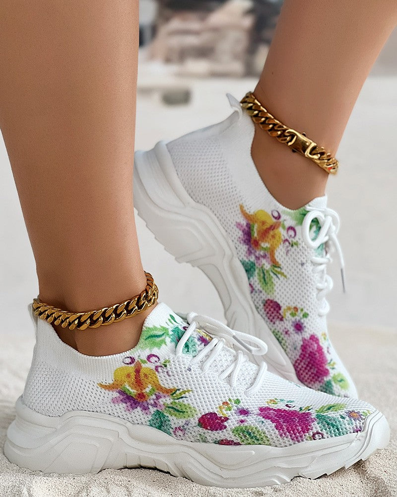 Floral Print Lace-up Breathable Comfort Sneakers