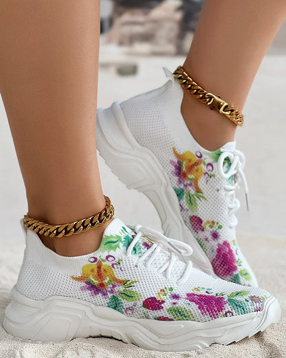 Floral Print Lace-up Breathable Comfort Sneakers