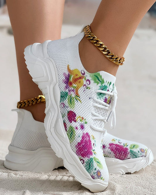 Floral Print Lace-up Breathable Comfort Sneakers