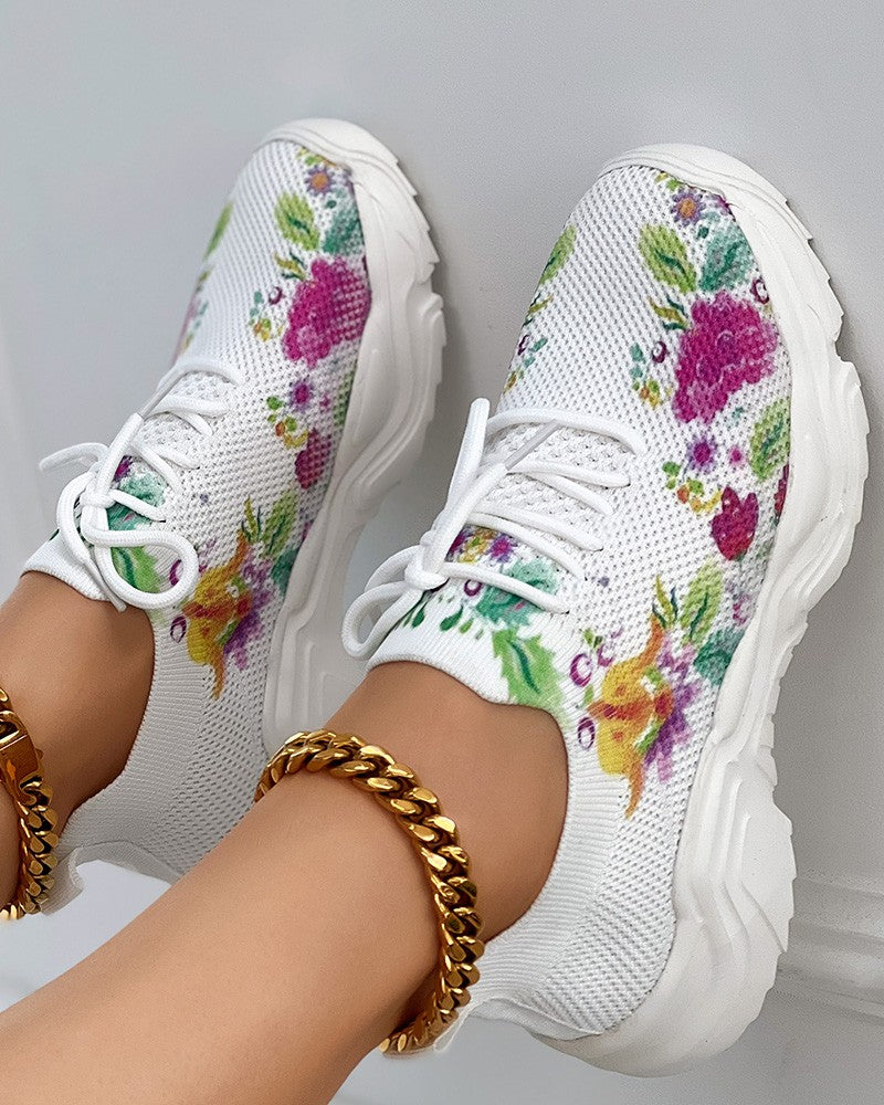 Floral Print Lace-up Breathable Comfort Sneakers